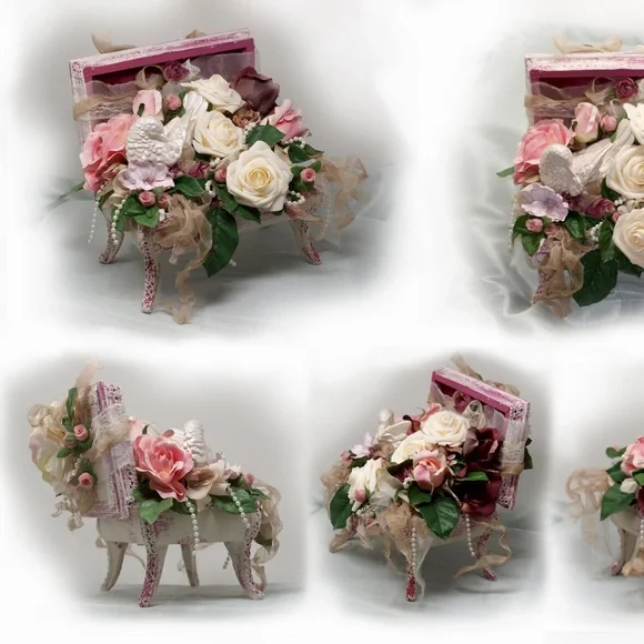 Shabby Chic Floral Arrangement in Upcycled Jewelry Box, Bird. Roses, Faux pearls